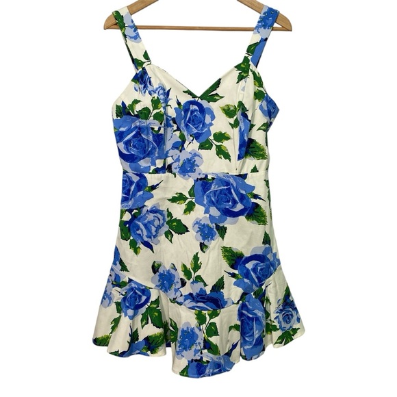 Flying Tomato Blue Floral Dress Size Large Cotton Stretch Mini dress Ruffled hem - Picture 1 of 9